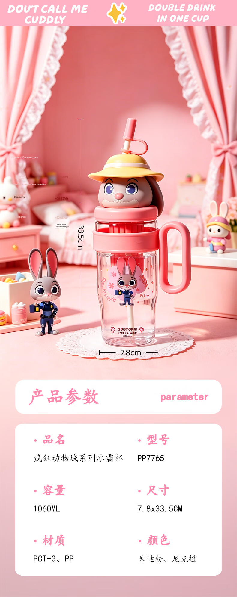 Disney High-Quality Straw Water Bottle for Women, Summer Durable Plastic Large Capacity Portable Cartoon Kids Drinking Cup 12