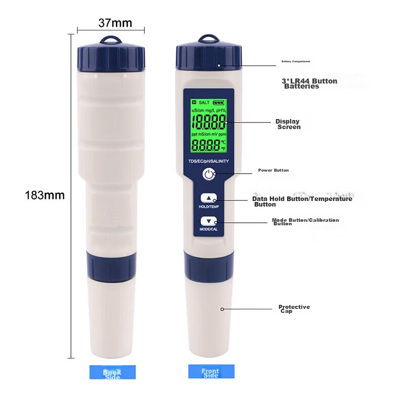 Honggong Water Quality Tester PH/EC/TDS Temperature Salinity Acidity Conductivity 5-in-1 High-Precision Meter Pen 4