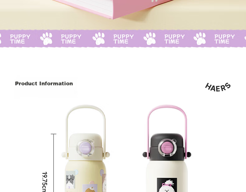 HAERS Insulated Water Bottle for Women Students High-Value Straw Cup Portable Cold Storage Punk Puppy (Black Pink) 560ml 19