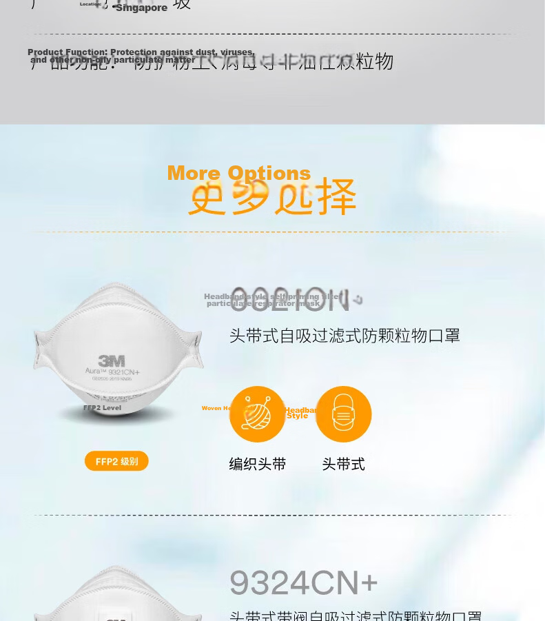 3M KN95 Dust Mask, Anti-Influenza Droplet, Anti-Smog, Anti-PM2.5, Anti-Industrial Dust Particles, Pollen, Head-Mounted, 9502+, 50 Pieces Eco-Friendly Pack 9