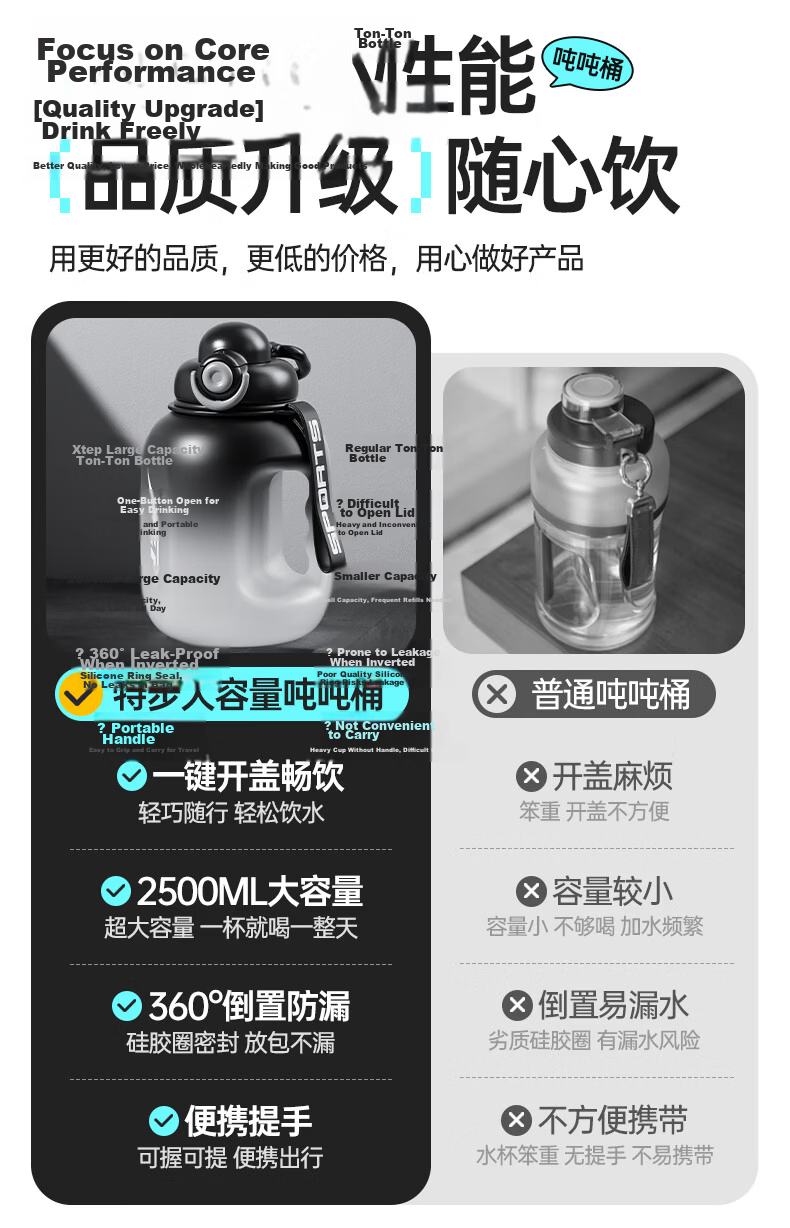 XTEP Large Capacity Sports Water Bottle Fitness Straw Bottle Big Belly Cup for Men and Women JD Self-operated 9