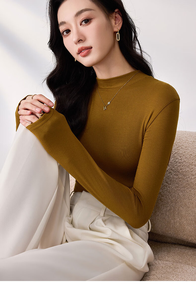LangSha Spring And Autumn Modal Solid Color Low-Collar Base Shirt for Women, Slim-Fit Thin Inner Layer Long-Sleeve Slimming Stylish Top 26