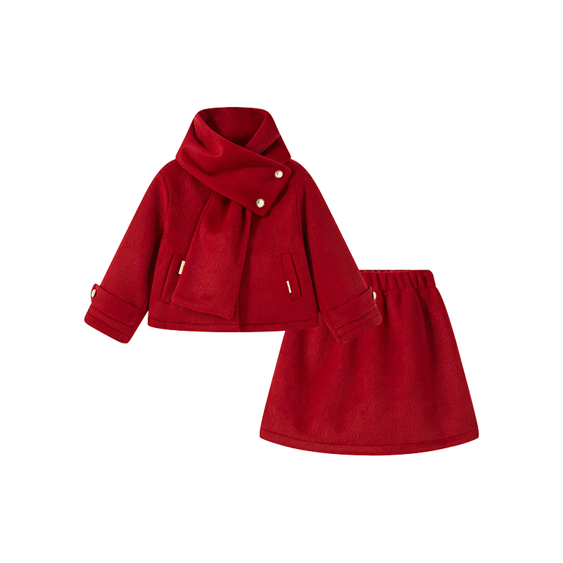 Disney Girls' Spring and Autumn 2026 New Stylish Winter Thick Woolen Coat and Skirt Two-Piece Set with Scarf