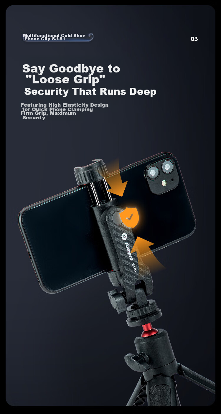 Fotopro SJ-81 Dual Cold Shoe Expansion 1/4" Mount Horizontal Vertical Tilt Shooting Phone Clamp 8