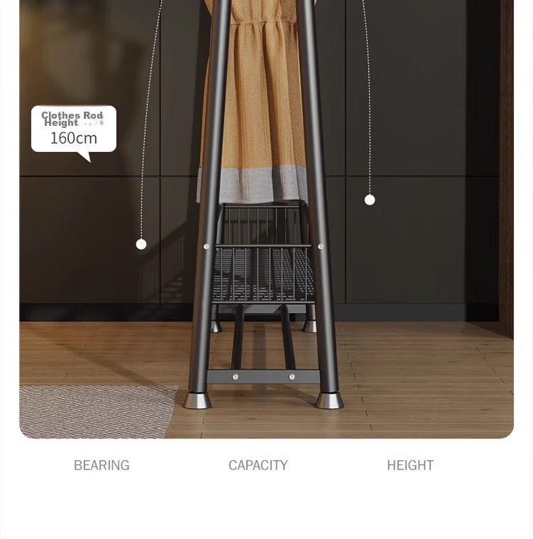 Yixuan Floor Standing Coat Rack Clothes Hanger Movable Bedroom Living Room Drying Storage Rack Black 16