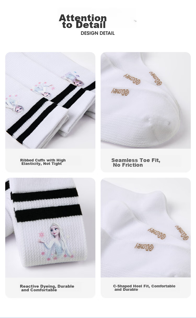 Disney Kids Long Tube Socks Summer Thin White Mid-Calf Socks Class A Mesh Socks Girls Elsa Princess 3-Pack M 13