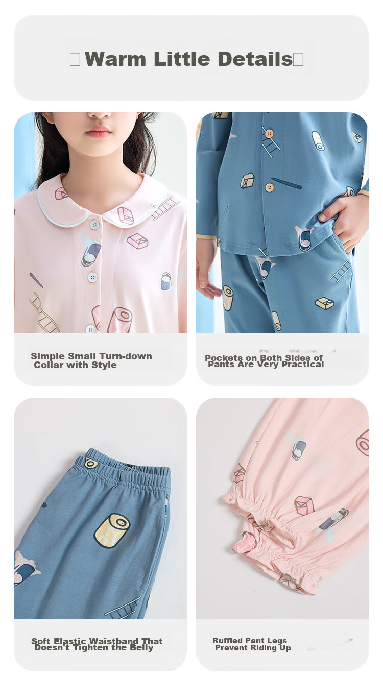 Hodohome Children's Pajamas Girls Cotton Spandex Loungewear Cartoon All-Over Print Long-Sleeve Cardigan Set 116 160 9