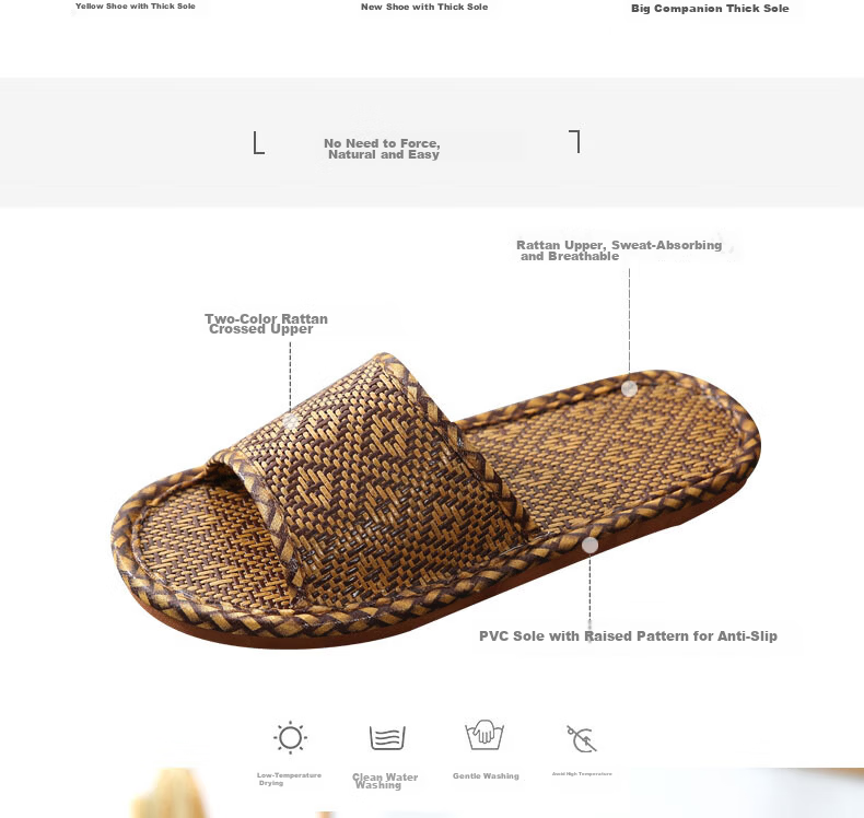 GUOLUOFEI Woven Unisex Summer Slippers Bamboo Floor Soft Sole Non-Slip Men's New Bamboo Sole Size 38-39 5
