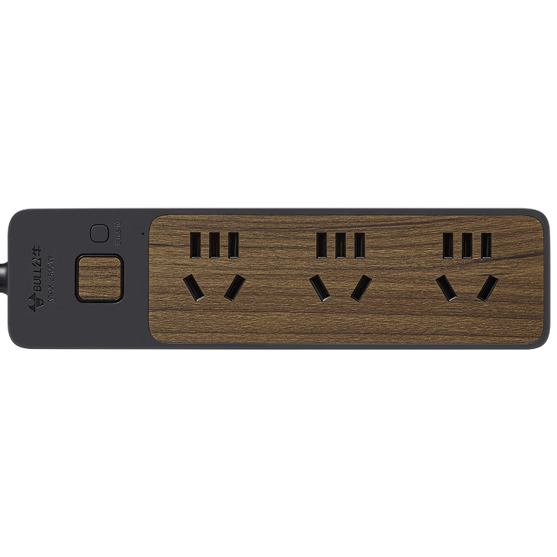 BULL Power Strip / Extension Cord / Surge Protector / Multi-Outlet Strip / Power Bar / Cable Reel, 6 Outlets with Master Switch, 1.8 Meters, Black Wood Grain, GN-R1330