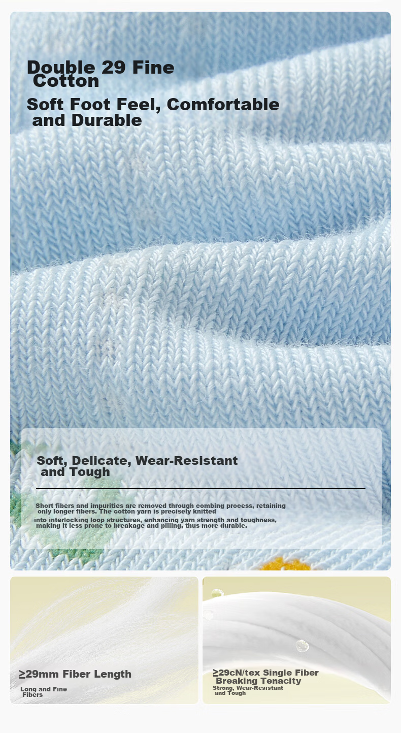 PurCotton Children's Antibacterial Mid-Calf Socks, 3 Pairs, for Boys And Girls, Baby Socks, All-Season Mesh Floor Socks 7