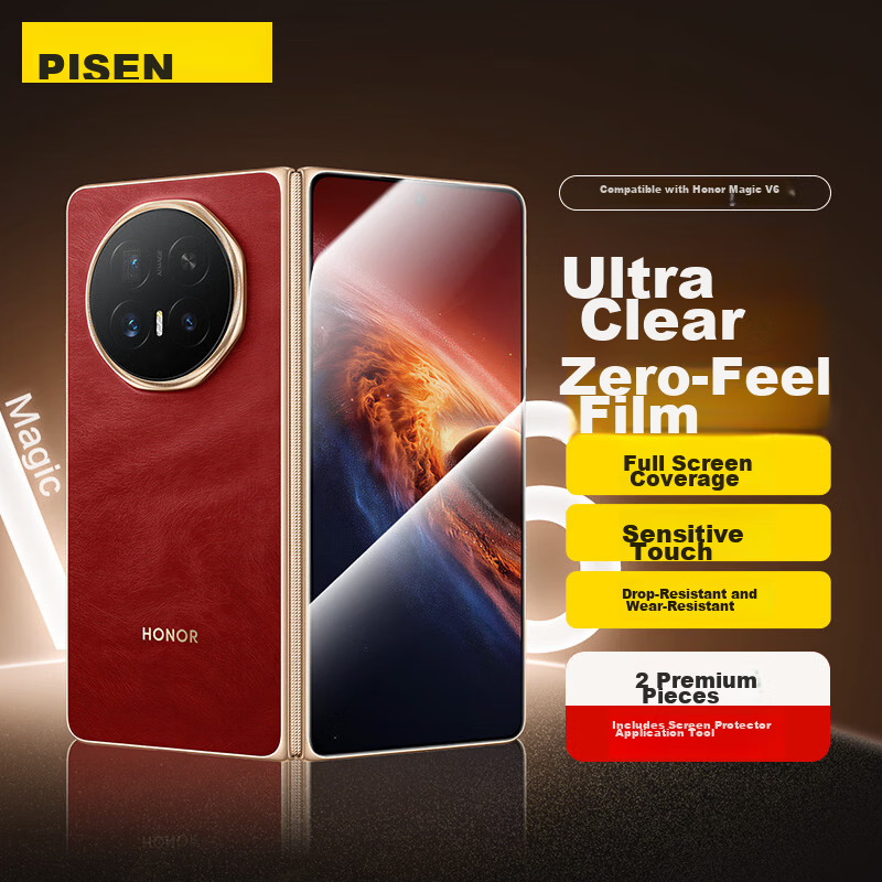 Pisen Honor Magic V6 Tempered Glass Screen Protector Full Coverage HD Anti-Fingerprint Drop Resistant Foldable Phone Screen Film 2-Pack