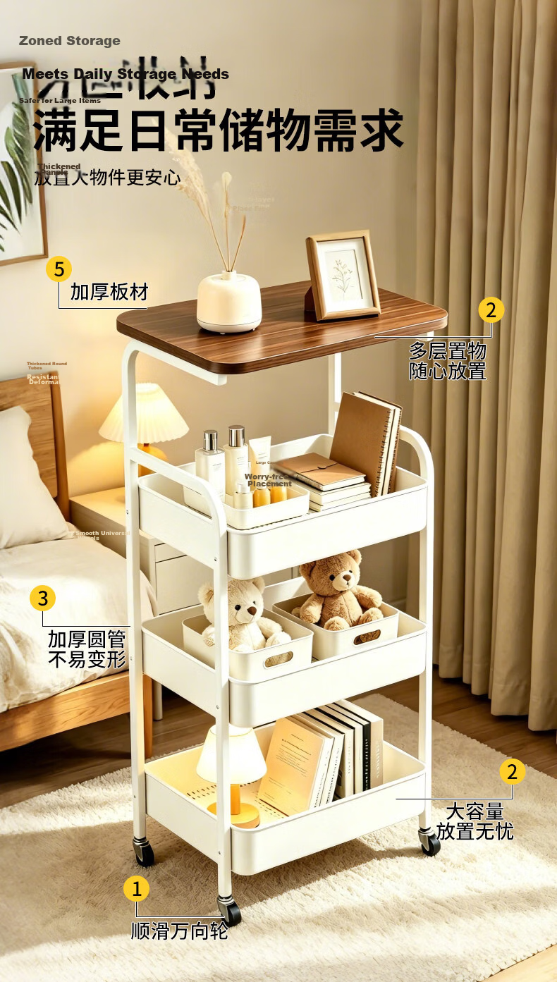 Zhuobo Floor Storage Rack Small Cart Snack Shelf Living Room Storage Rack Kitchen Storage Rack Four Layers SJ13 White 3