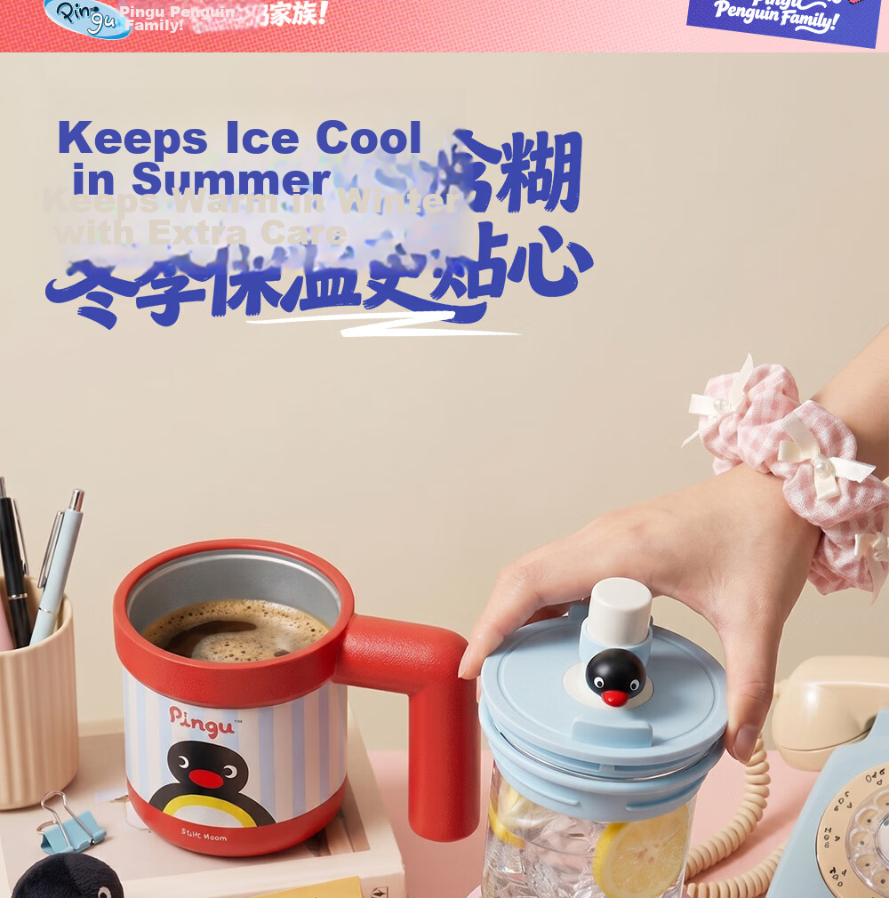 Germ Pingu Penguin Glass Liner Insulated Straw Water Bottle for Women High-Value Coffee Cup Double-Liner 490ML Cone Design 6