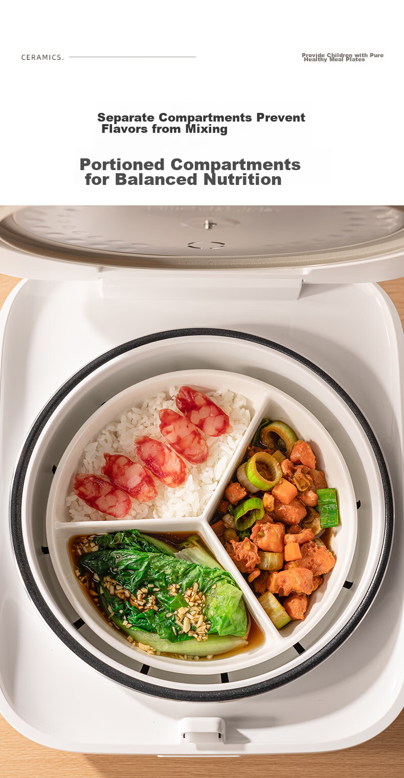 Newair Cute Three-Compartment Ceramic Baby Food Steamer Plate for Rice Cooker Round Stir-Fry Bowl Divider 4