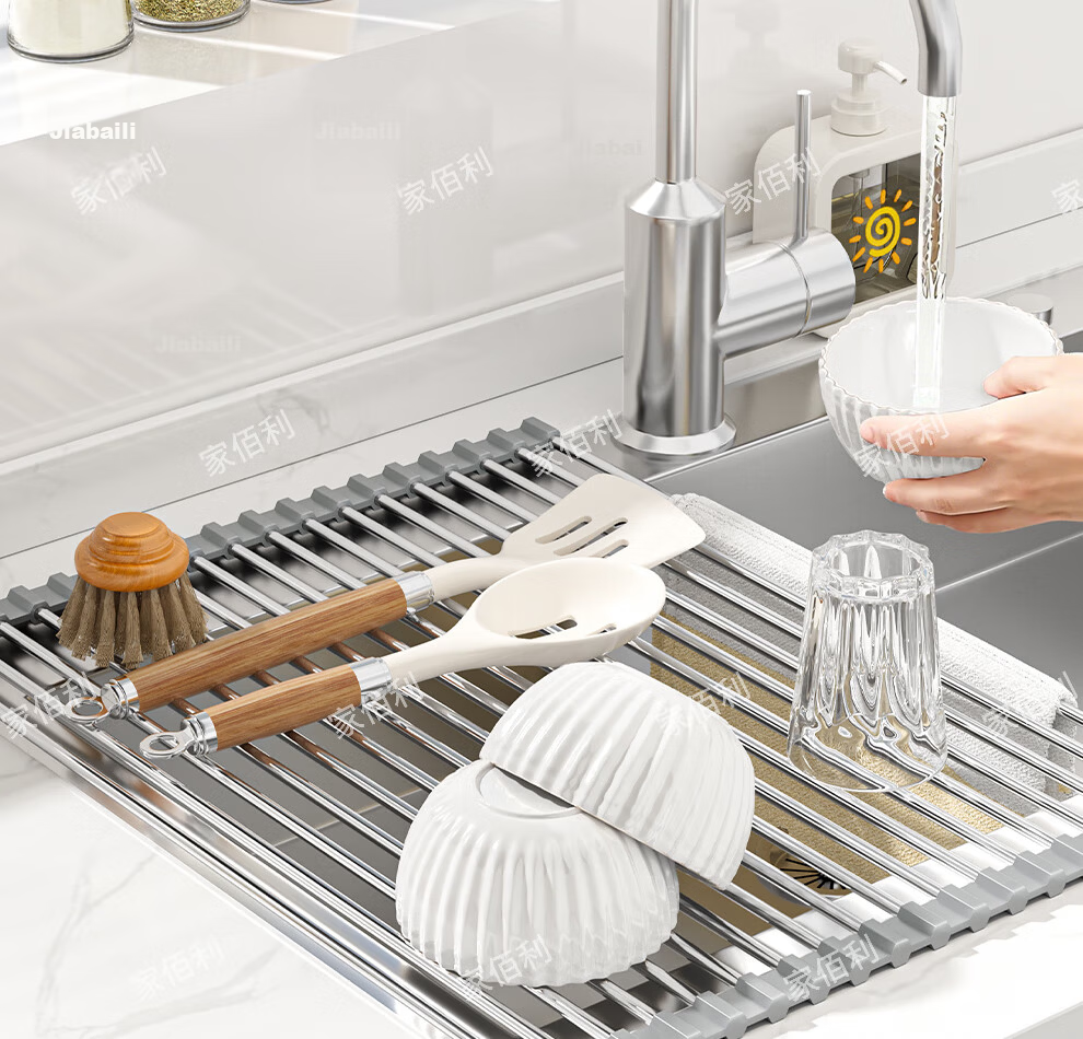 Jiabaili Kitchen Sink Draining Rack Stainless Steel Foldable Roll-up Dish Drying Basket 6
