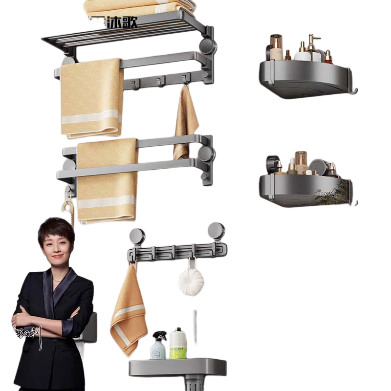 MICOE Bathroom Storage Rack Set of Six Pieces, No Drilling Required, Suction Cup Hooks for Towels And Bath Towels, Paper Towel Holder, Corner Shelf