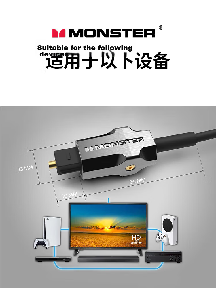 Monster High-End Gold-Plated Digital Optical Audio Cable Speaker Cable Square-to-Square TV DVD Amplifier Projector Home Theater Connection Cable M1000 1.5m 8