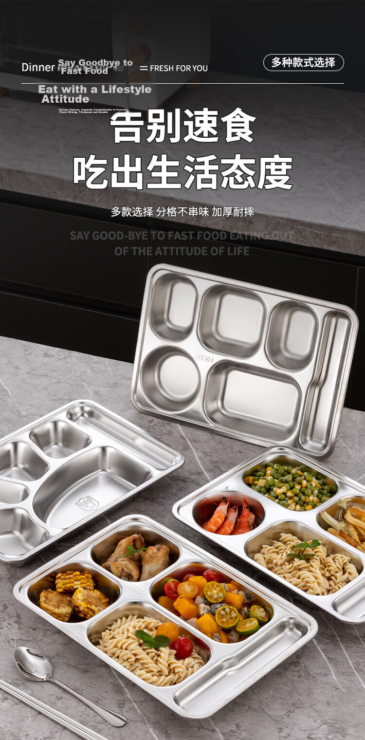 Danshizhiyuan 304 Stainless Steel Fast Food Tray Divided Plate School Canteen Dinner Plate Large Round Six-Compartment (Beijing Warehouse) 1