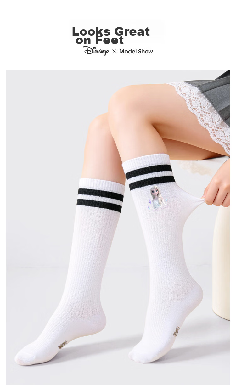 Disney Kids Long Tube Socks Summer Thin White Mid-Calf Socks Class A Mesh Socks Girls Elsa Princess 3-Pack M 9