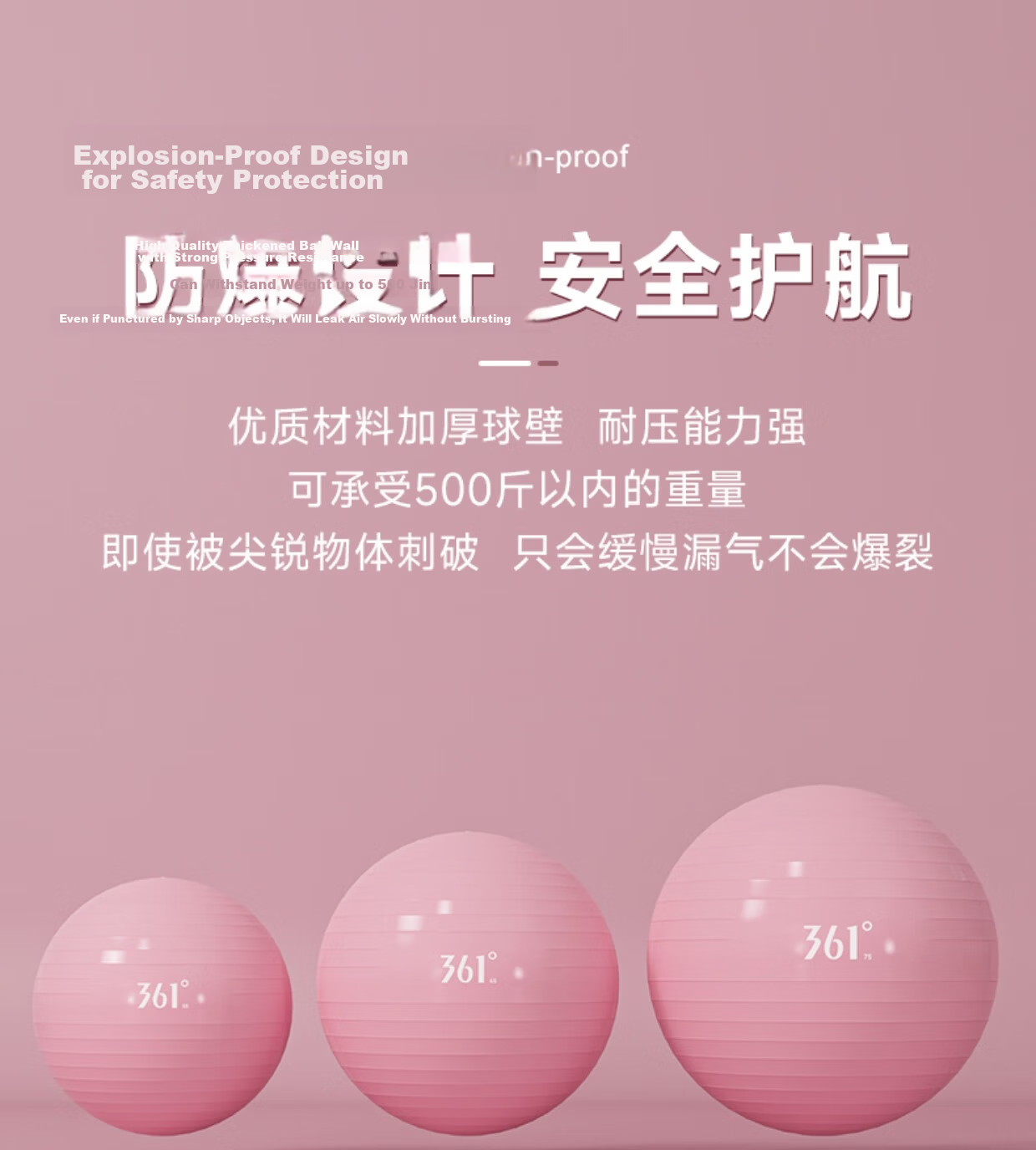 361° Yoga Ball Thickened Explosion-Proof Swiss Ball Maternity Delivery Ball Fitness Rolling Back Balance Large Yoga Ball Pink 17