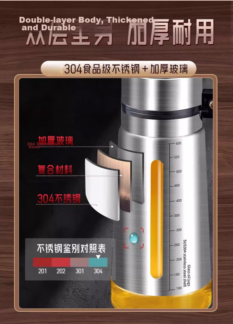 KATEI STORY 304 Stainless Steel Oil Dispenser Kitchen Household Food Grade Thickened Glass Oil Bottle Oil Can 3
