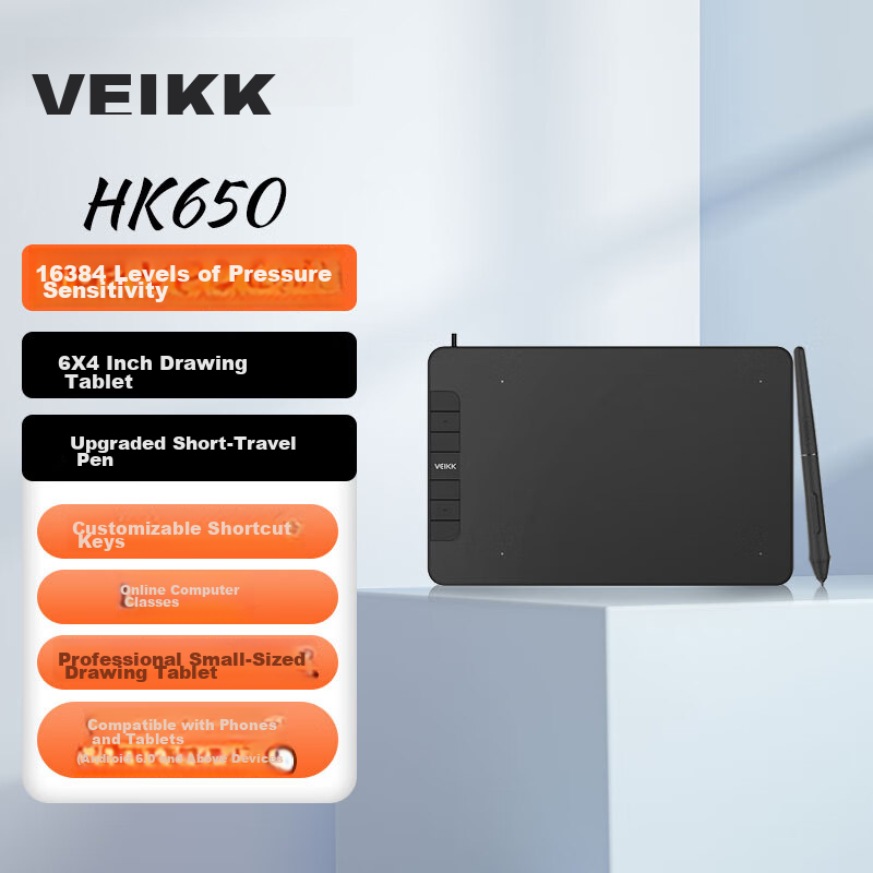 VEIKK HK650 Digital Drawing Tablet 6x4 Inch Tilt Pressure Sensitive Pen Graphics Tablet 290 RPS High-Speed Reading Drawing Pad