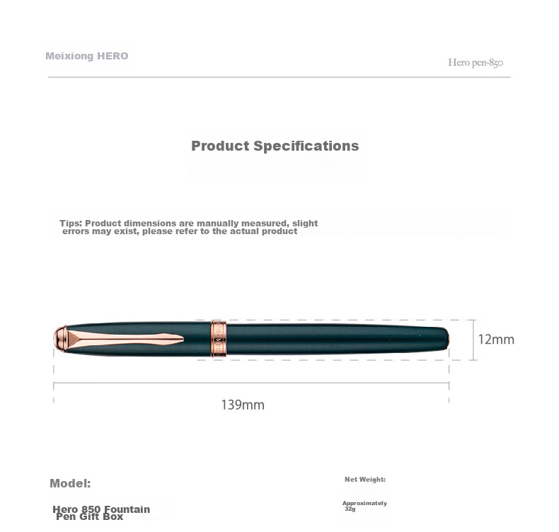 HERO Fountain Pen 850 Black Classic Business Adult Signature Pen Unisex Birthday Gift Iridium Ink Gift Box Set with F Nib 14