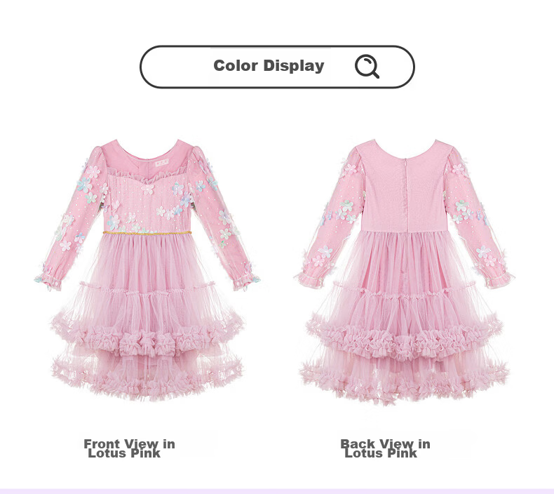 Fulomi Girls' Dress Spring New Sweet Stylish Mesh Dress Baby First Birthday Dress Lotus Pink 160 9