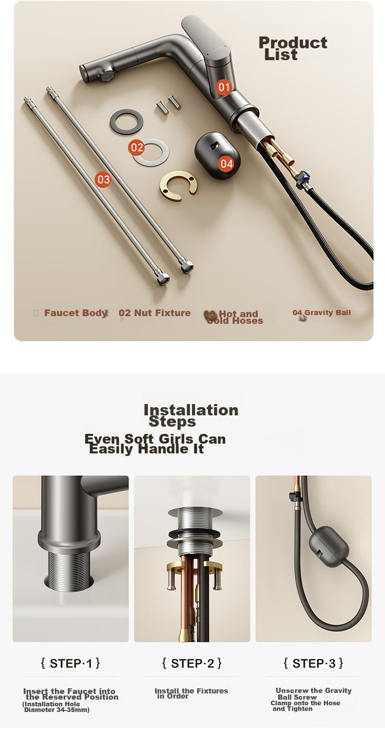 ARROW HS Hot and Cold Washbasin Faucet Adjustable Pull-Out Dual Spray Bathroom Tap 19