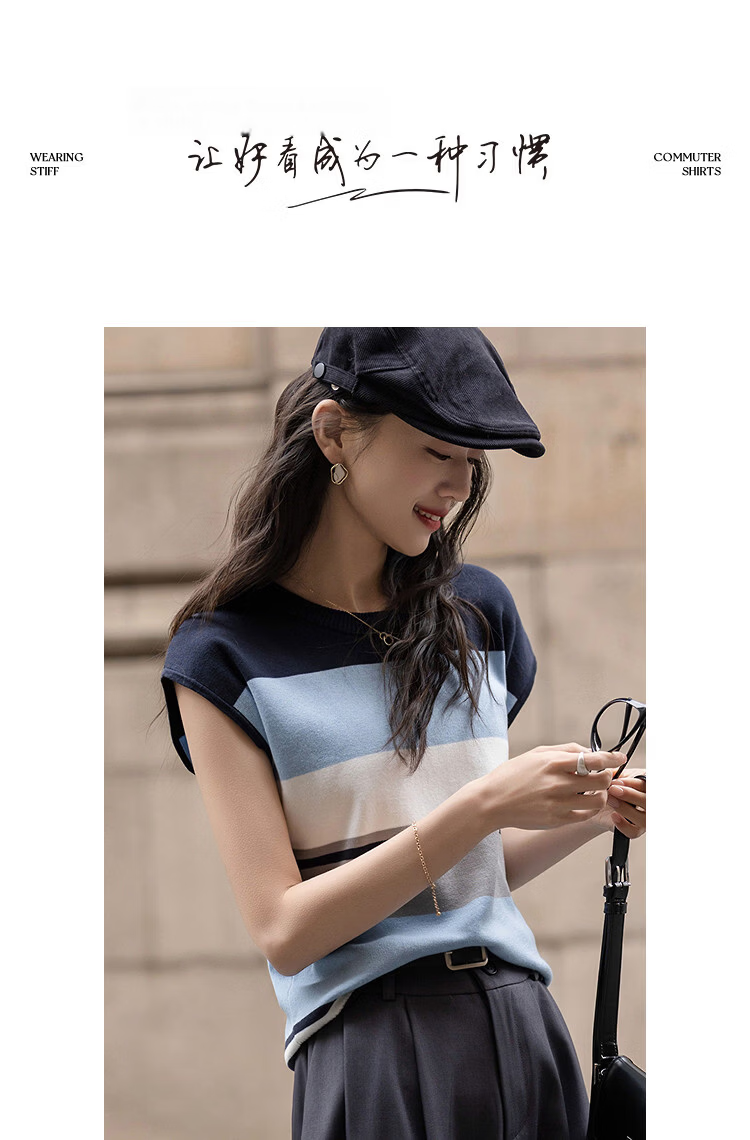 Demana [Breathable Tencel] Summer Lightweight Office Round Neck Raglan Colorblock Slimming Striped Knit Sweater for Women Premium Feel 10