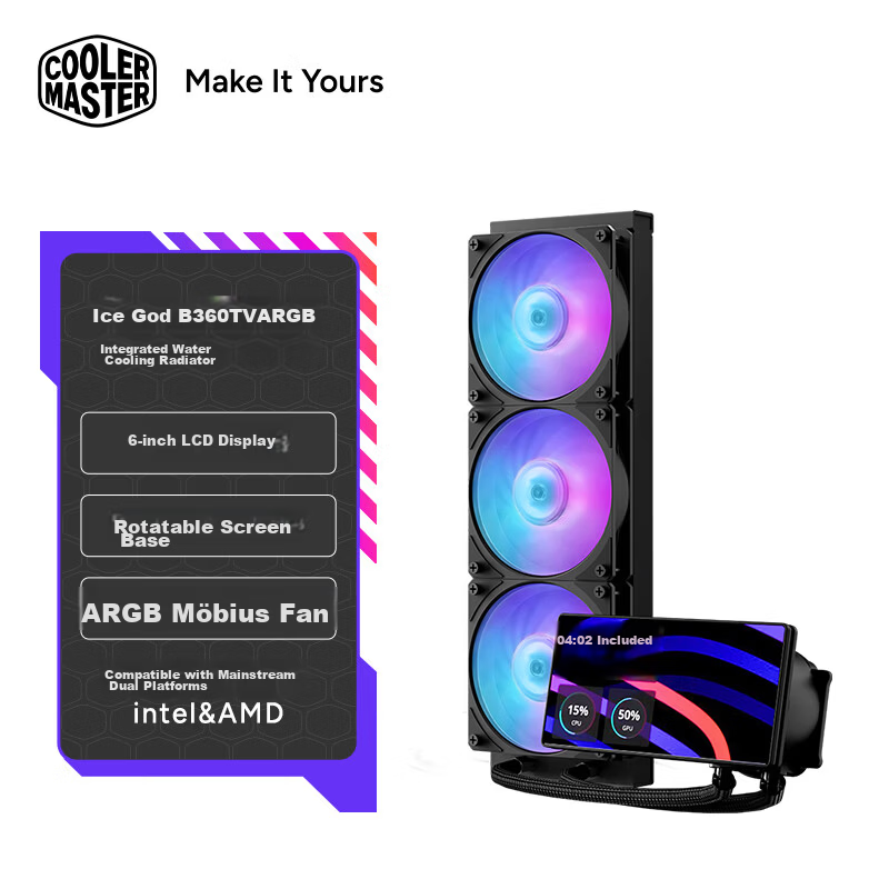 CoolerMaster MasterLiquid B360 TV ARGB All-in-One CPU Liquid Cooler Black/6-inch Display/Rotatable Screen Base/ARGB Mobius Fan/6-Year Warranty