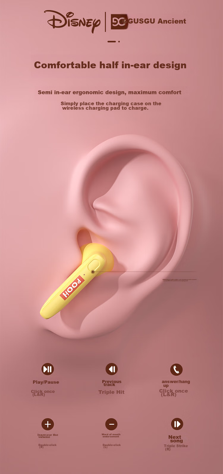 GUSGU Disney Co-Branded True Wireless Bluetooth Earphones, Semi-In Music Sports Running Noise-Cancelling Earphones, Compatible with Apple Huawei Xiaomi Phones, Pink FX-902V 8