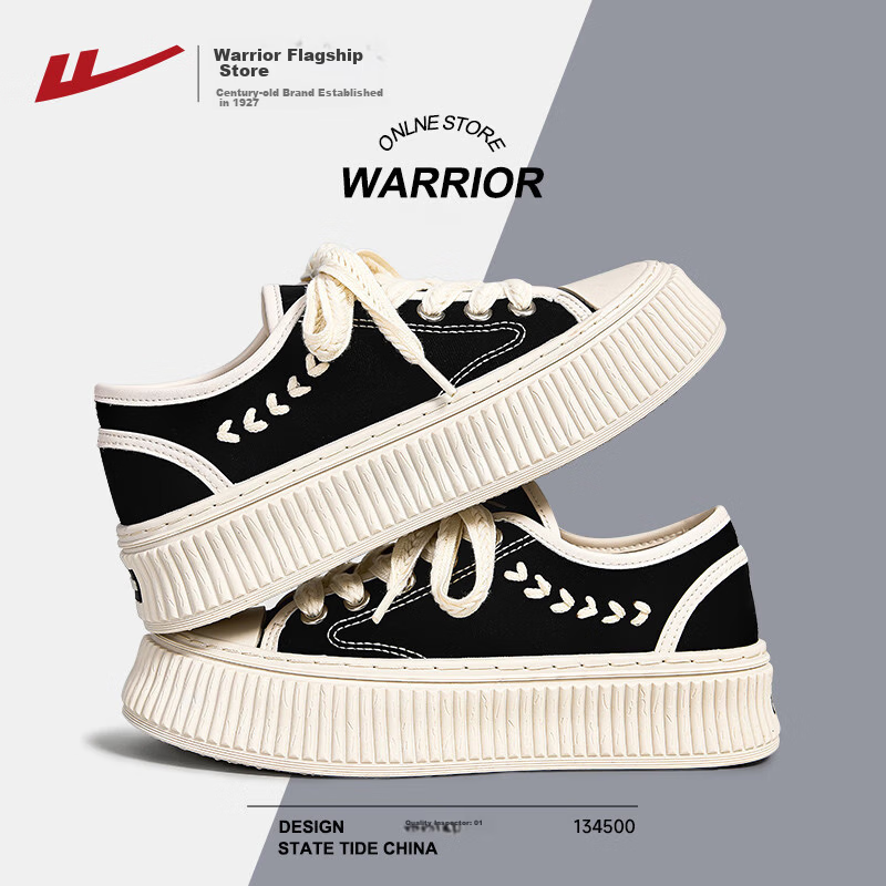 Warrior Women's Canvas Shoes 2026 Summer New Breathable Thick Sole Casual Sneakers 1834 Black Beige Size 40