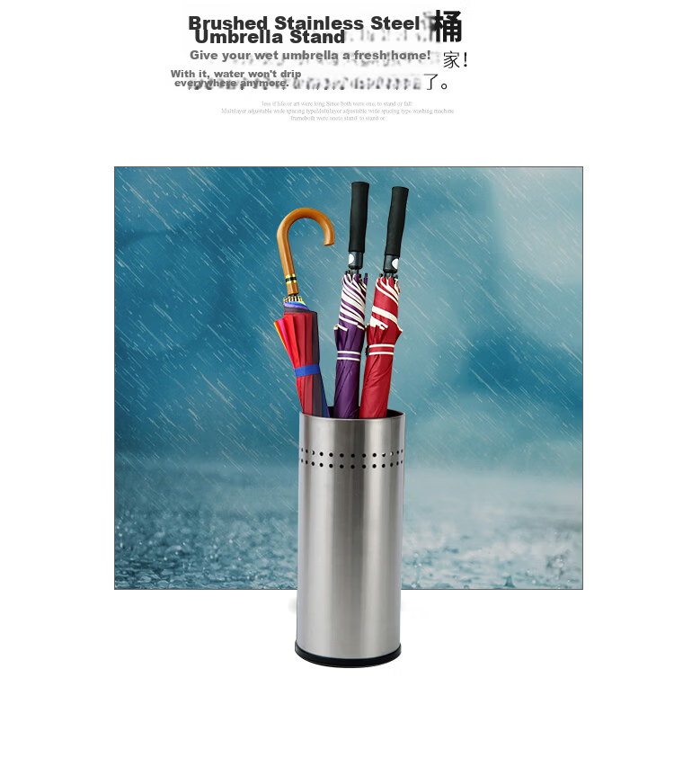 OurunZhe Stainless Steel Brushed Round Umbrella Storage Bucket Large Natural Color for Home and Hotel Long Handle Stand 3