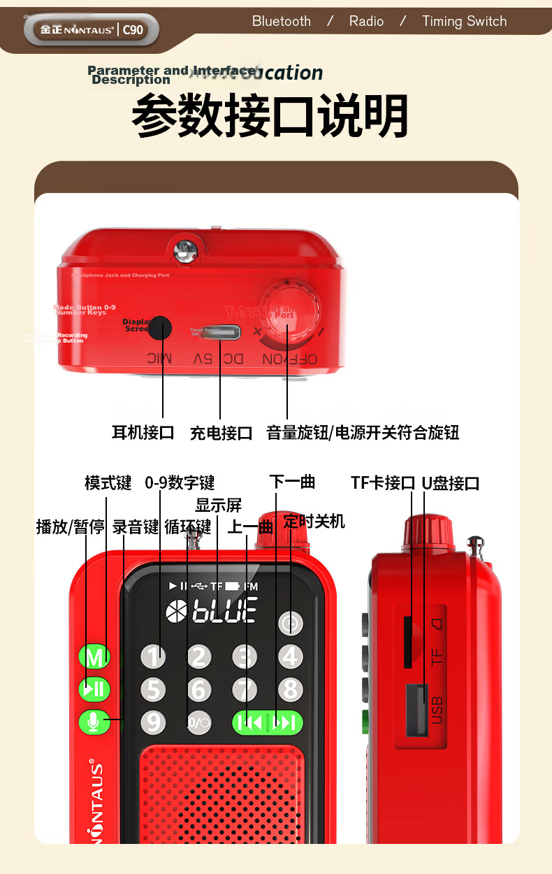 Jinzheng C90 Radio Elderly Portable Bluetooth Speaker Card U Disk Player 1200mAh Large Battery Timer Shutdown Recording FM Radio Red Version 21