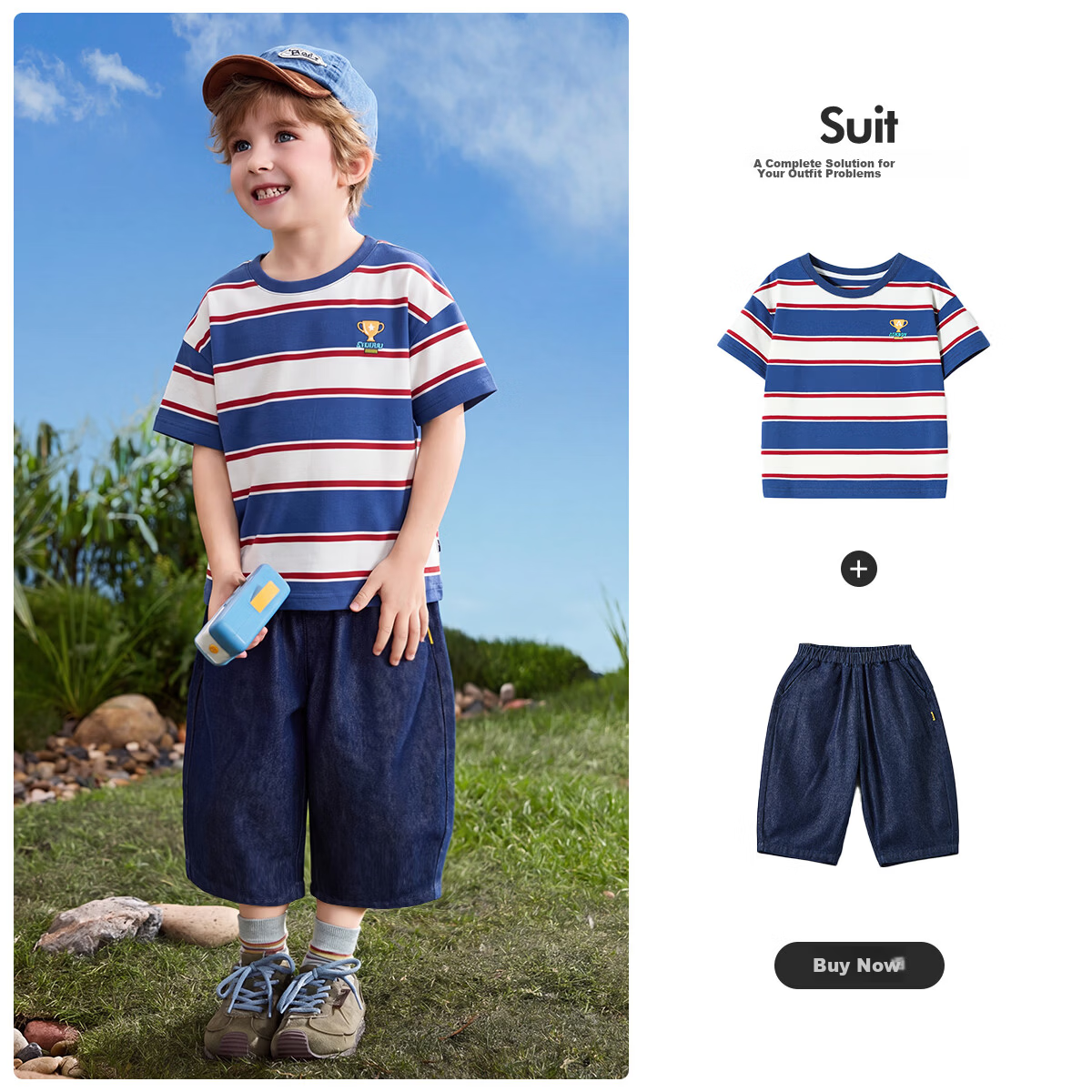 ASK JUNIOR Boys' Short Sleeve T-Shirt Summer Kids' Casual Striped Top and Mosquito-Repellent Harem Pants Two-Piece Set 1