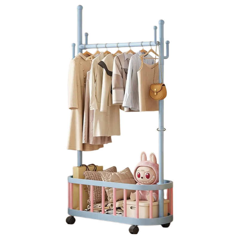 Anerya Dopamine Bedroom Floor Standing Clothes Rack with Wheels Mobile Coat Rack Home Simple Storage Sky Blue