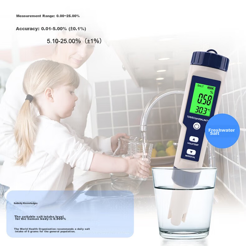 Honggong Water Quality Tester PH/EC/TDS Temperature Salinity Acidity Conductivity 5-in-1 High-Precision Meter Pen 11