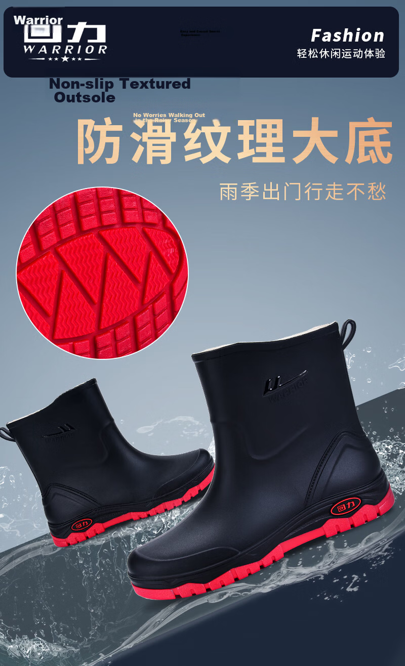 Warrior Men's Mid-Calf Waterproof Rain Boots Rubber Shoes Lightweight Chef Shoes H5388 Black Size 45 4