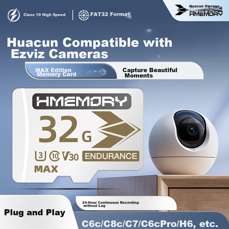 Huacun 32GB Storage Card for Hikvision Ezviz Cameras C6c/C7/C8c/H6 Home PTZ Surveillance TF Card High-Speed Storage FAT32 SD Card