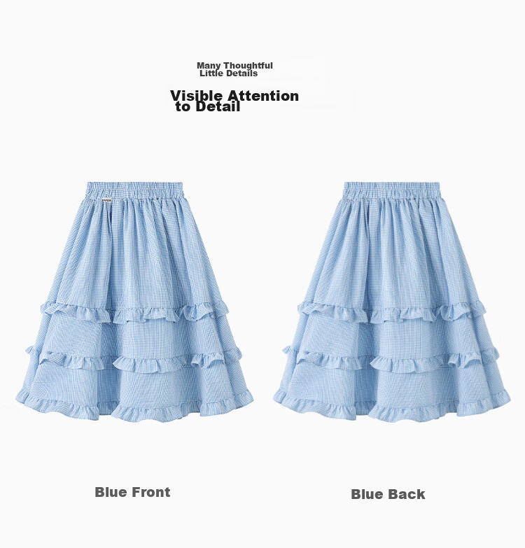 Balachi Girls Spring Summer Vacation Style Plaid Skirt Outdoor Casual Cake Skirt Pastoral Long Skirt 130 Blue 7