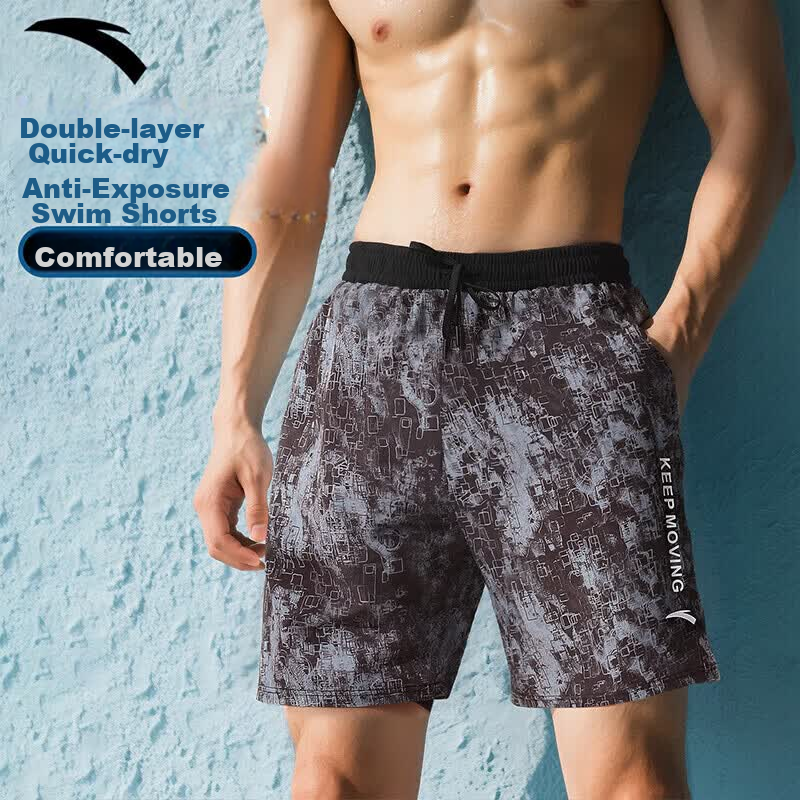 ANTA Men's Swim Trunks Five-Point Double-Layer Anti-Embarrassment Professional Training Loose Quick-Dry Beach Hot Spring Swim Shorts Black Gray M