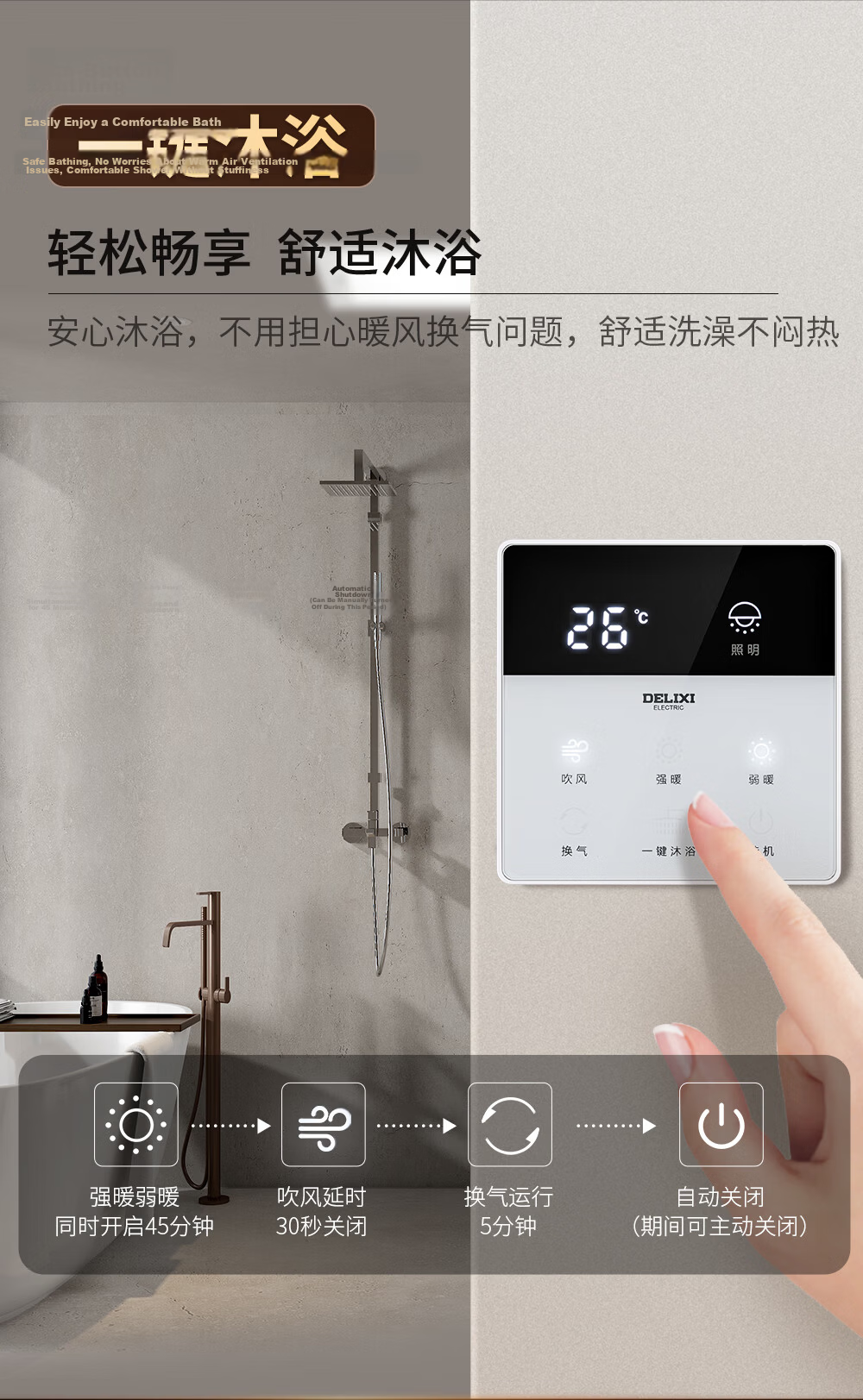 DELIXI Bathroom Heater Switch, Universal 86-Type Multi-Function Bathroom Switch Panel, Five-Gang Flip Cover White 7