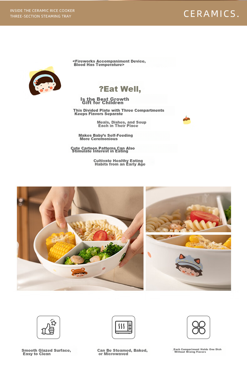 Newair Cute Three-Compartment Ceramic Baby Food Steamer Plate for Rice Cooker Round Stir-Fry Bowl Divider 2