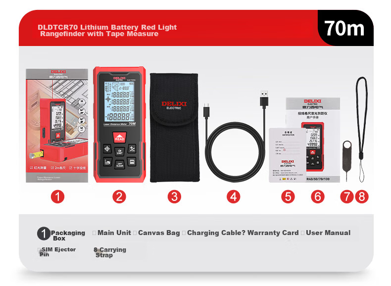 DELIXI ELECTRIC Laser Distance Meter with Crosshair, Tape Measure, Multifunctional Electronic Ruler, Lithium Battery, Red Light, 100m 22