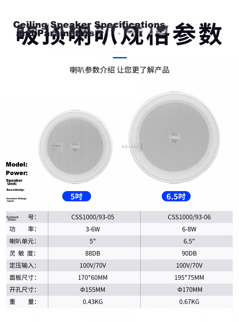 PHILIPS 5-Inch Ceiling Mounted Constant Voltage Speaker, Embedded Background Music Sound System for Mall, Campus, Store, Public Broadcasting, Four-Zone Amplifier + 2 x 5-Inch Speakers 14
