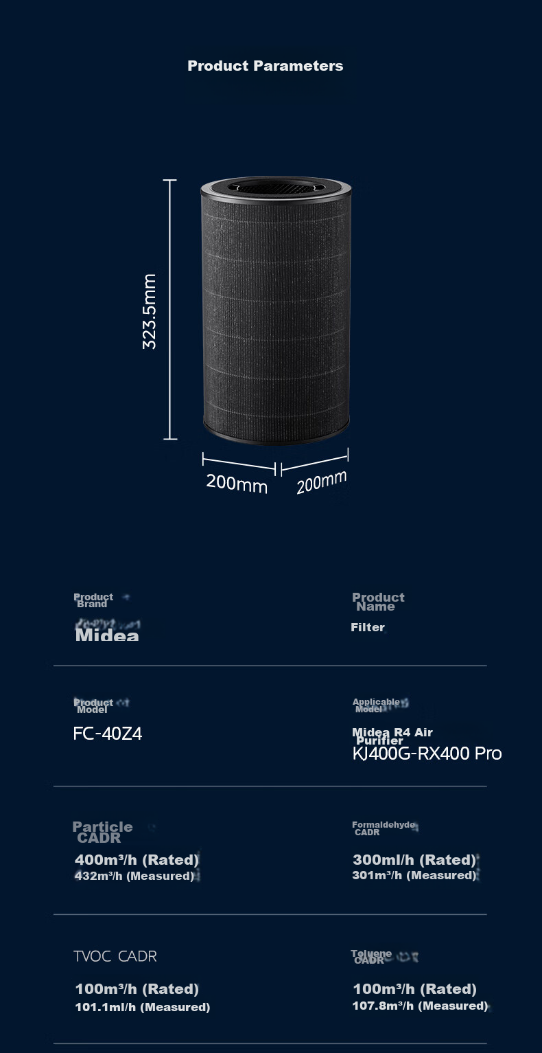 Midea Original Genuine Air Purifier Filter Cartridge Home Formaldehyde Removal Bacteria Removal Secondhand Smoke Odor PM2.5 Filter Compatible with RX400Pro FC-40Z4 4