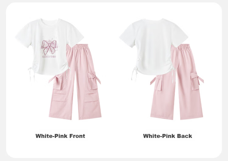 Disney Girls Bow Print T-Shirt and Drawstring Short Sleeve Cargo Wide-Leg Pants Two-Piece Set White Pink 150 10