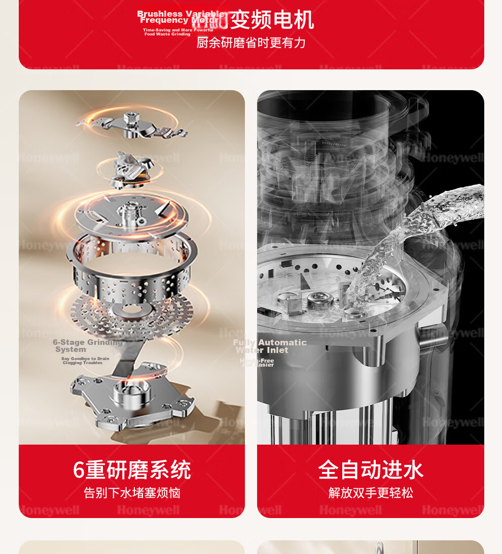 Honeywell Kitchen Waste Disposer Automatic Water Inlet 1200W Smart Brushless Variable Frequency Motor X300U 13
