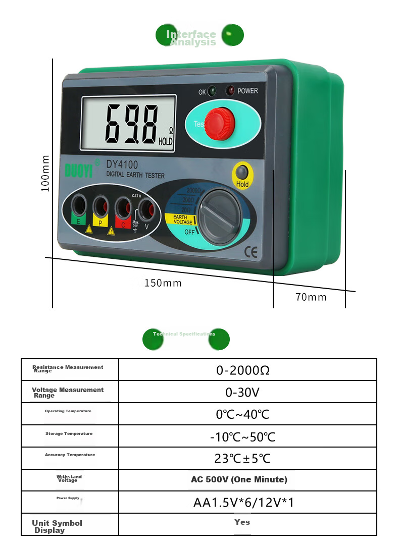 Duoyi DY4100 Digital Ground Resistance Tester High-Precision Electronic Earth Tester Outdoor Lightning Protection Ground Resistance Meter 10